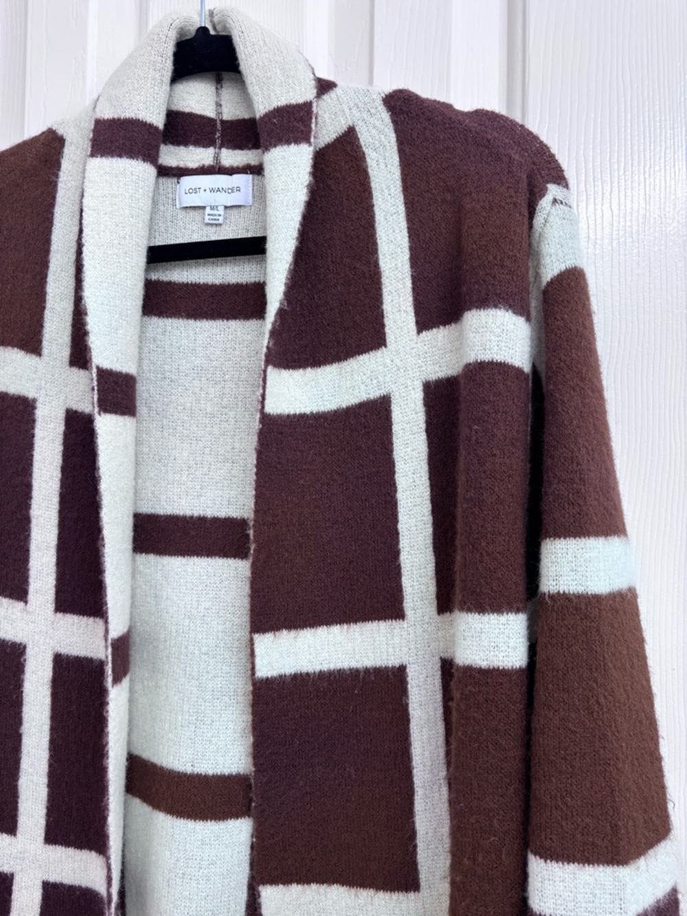 Lost + Wander Grid Plaid Open-Front Long Cardigan in Brown and Cream - SIZE M/L - Picture 5 of 14